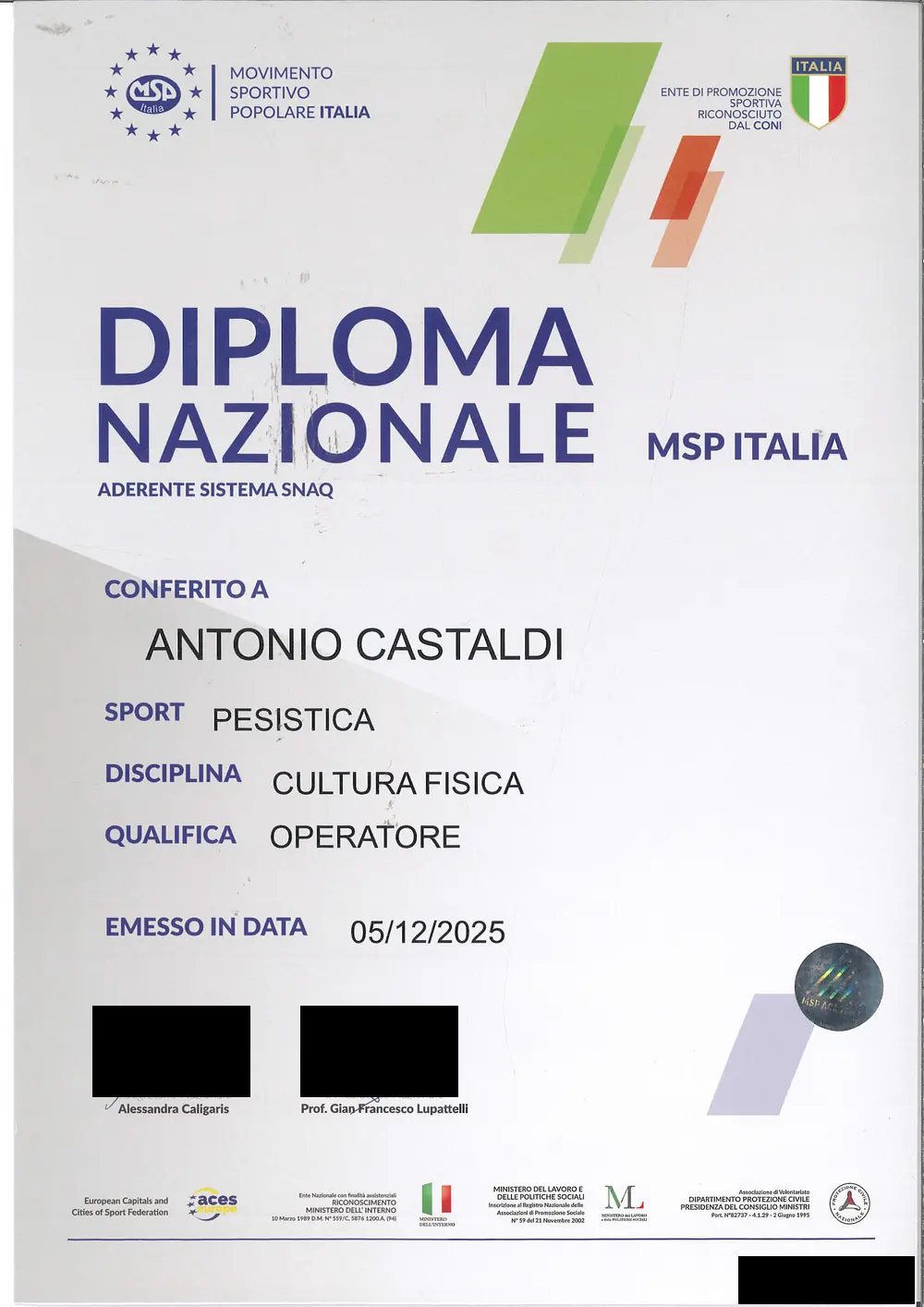 Diploma di qualifica come Personal Trainer rilasciato da MSP Italia