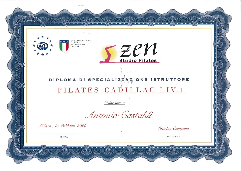 Diploma di Pilates Cadillac Livello 1 rilasciato da Zen Studio Pilates