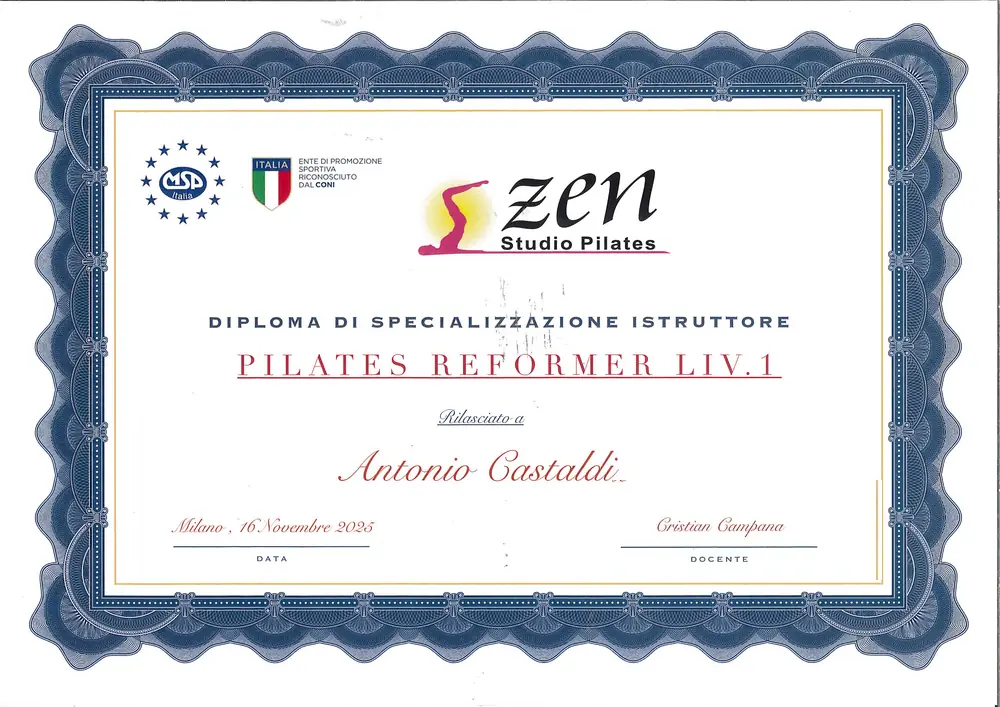 Diploma di Pilates Reformer Livello 1 rilasciato da Zen Studio Pilates